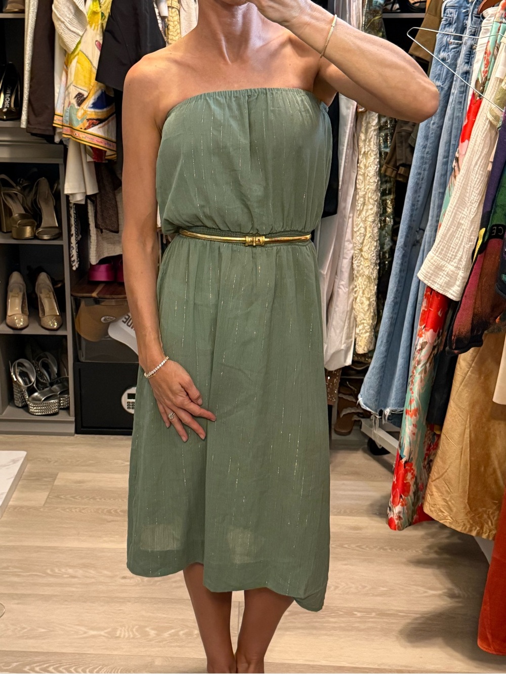 Vintage Ragtime Strapless Green Midi Metallic Dress